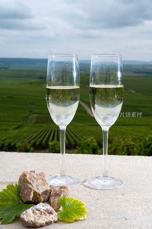 在法国香槟市维尔泽内附近的蒙塔涅德兰斯(Montagne de Reims)，一杯杯的香槟，葡萄园土壤中的火石，以及顶级葡萄园的美景